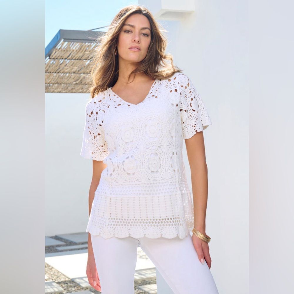 Roaman’s Medallion BOHO French Crochet Sweater Top in White Size L (18/22)